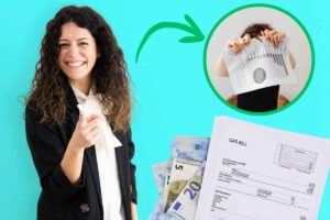 bolletta gas soldi cornice con persona che strappa un foglio freccia e donna indica