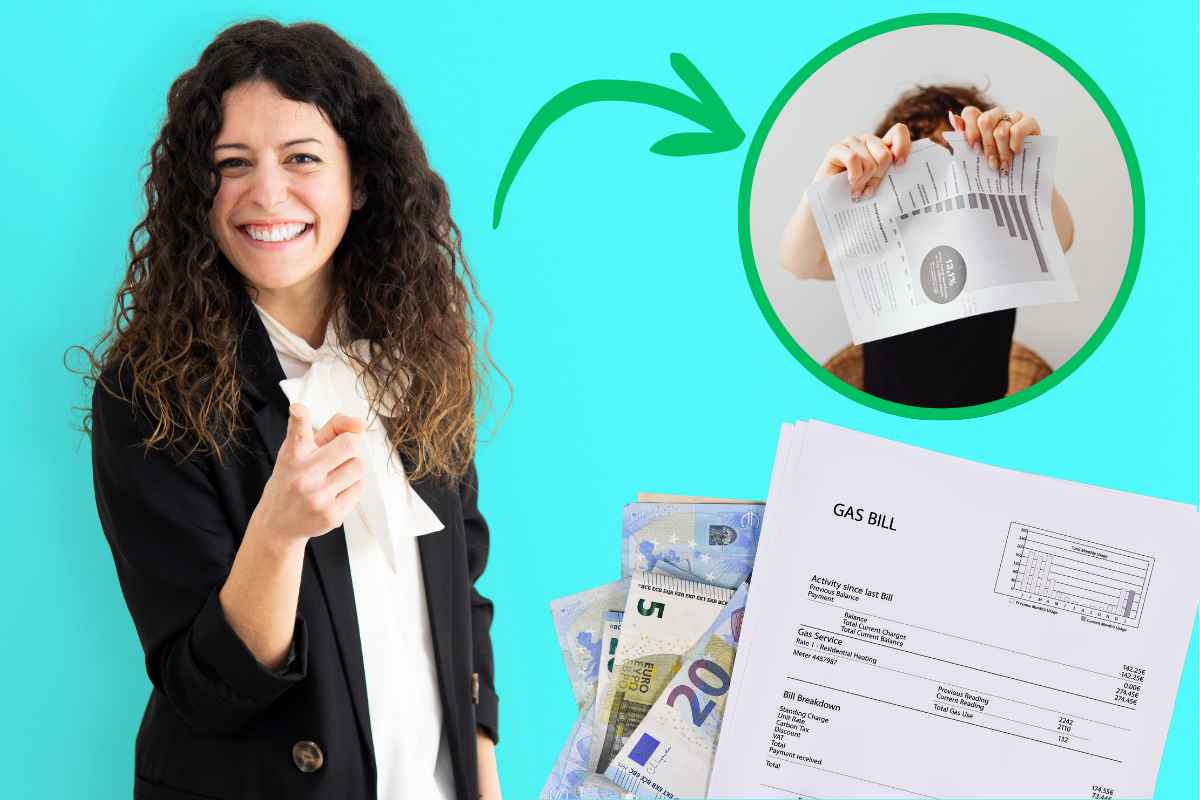 bolletta gas soldi cornice con persona che strappa un foglio freccia e donna indica