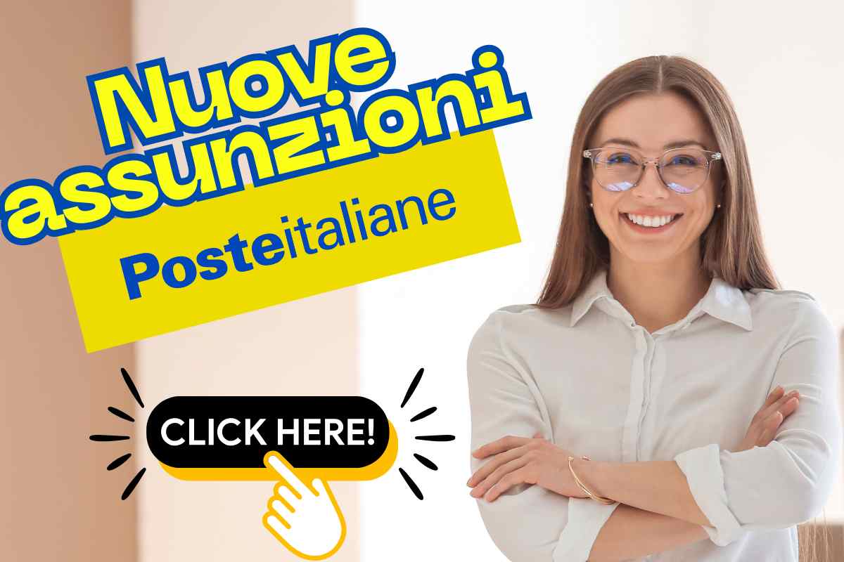 scritta logo poste italiane grafica click here e donna sorridente