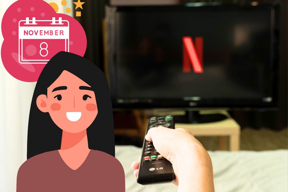 netflix tv letto telecomando grafica novembre e ragazza felice