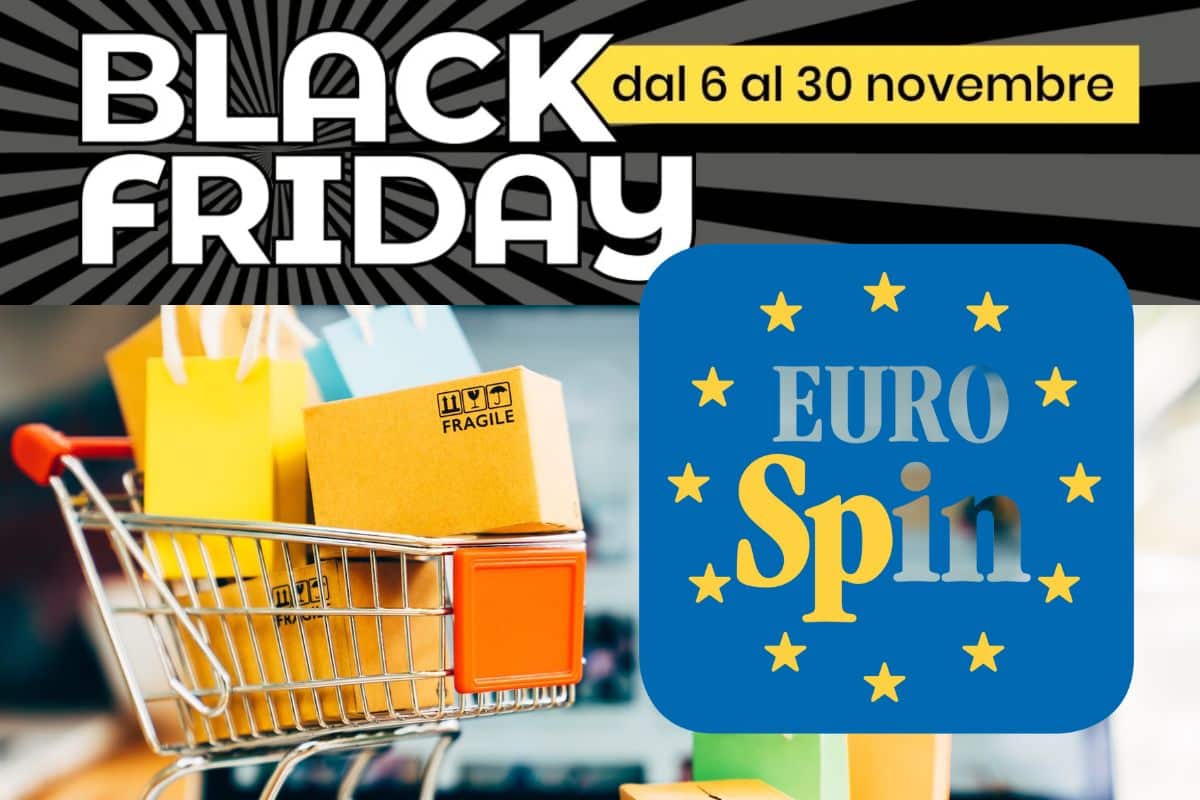 screen black friday sito eurospin, logo eurospin e carrellino con pacchi shopping
